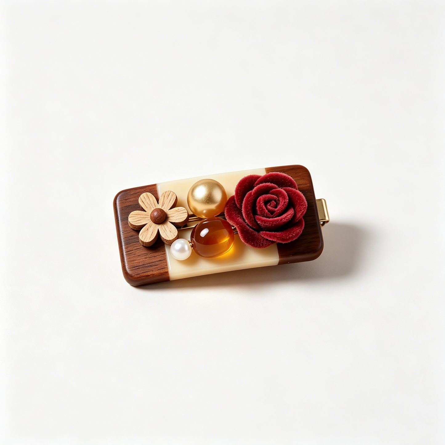 Walnut Velvet Rose Wooden Flower Pearl Hair Clip