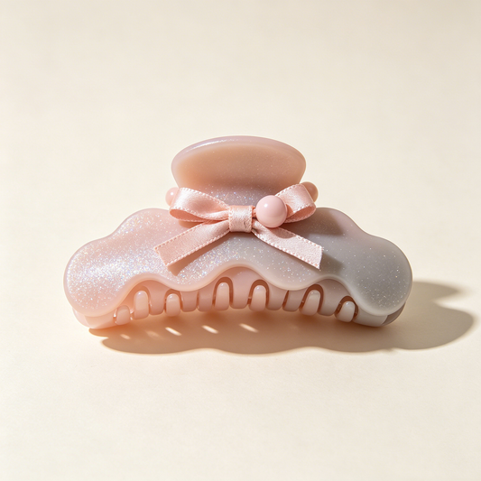 Pink Gray Wavy Gradient Ribbon Pearl Shark Clip