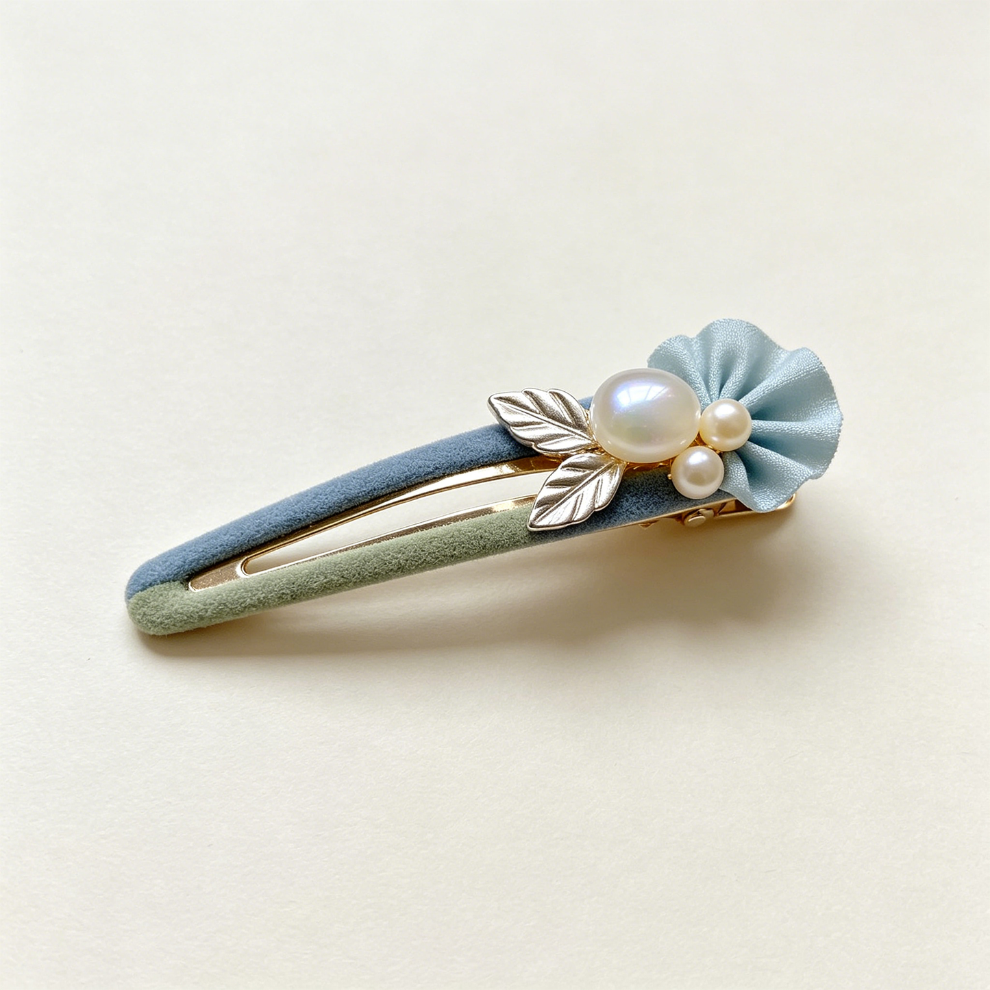 Blue Green Suede Ruffle Flower Pearl Leaf Hair Clip