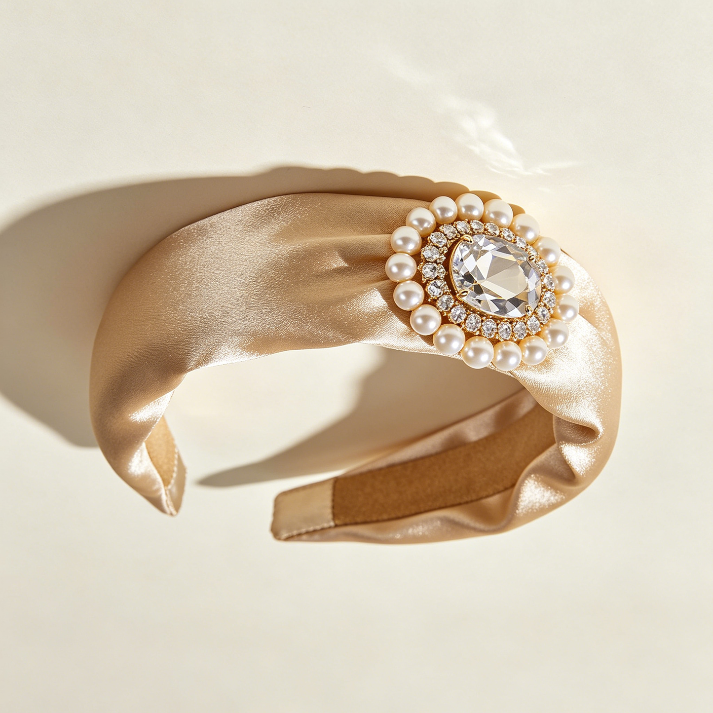 Champagne Satin Pearl Crystal Twist Headband