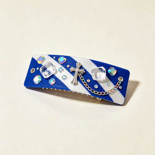 Blue White Stripe Cross Ice Cube Rhinestone Barrette