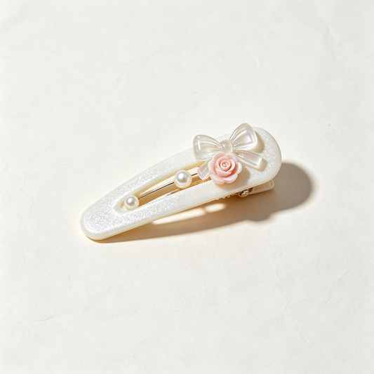 Ivory Shimmer Rose Bow Pearl Drop BB Clip