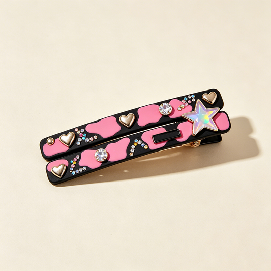 Pink Cow Print Heart Iridescent Star Hair Clip
