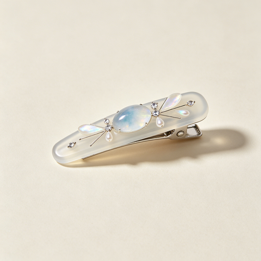 Frost White Moonstone Dragonfly Pearl Hair Clip
