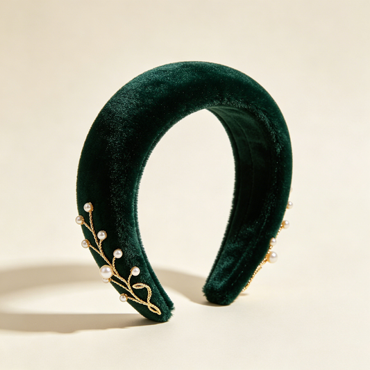 Dark Green Velvet Pearl Branch Headband