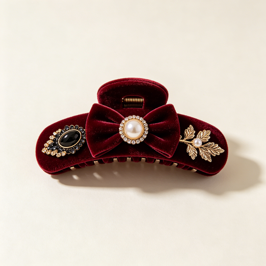 Burgundy Velvet Bow Black Rhinestone Pearl Vintage Shark Clip