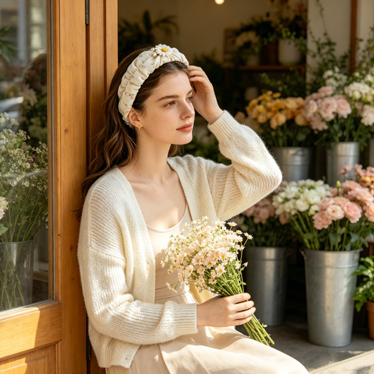Cream Floral Ruched Daisy Headband