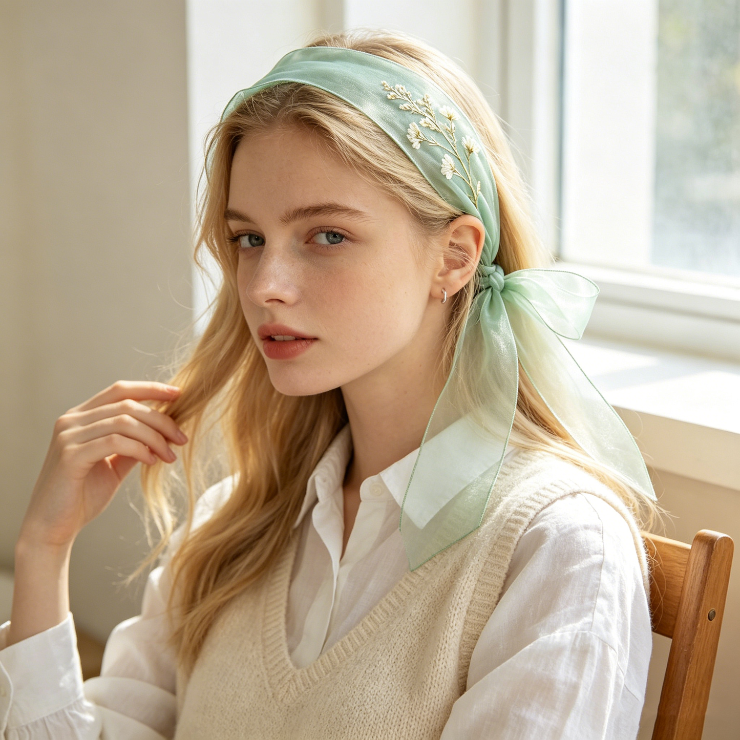 Mint Tulle Dried Flower Bow Headband