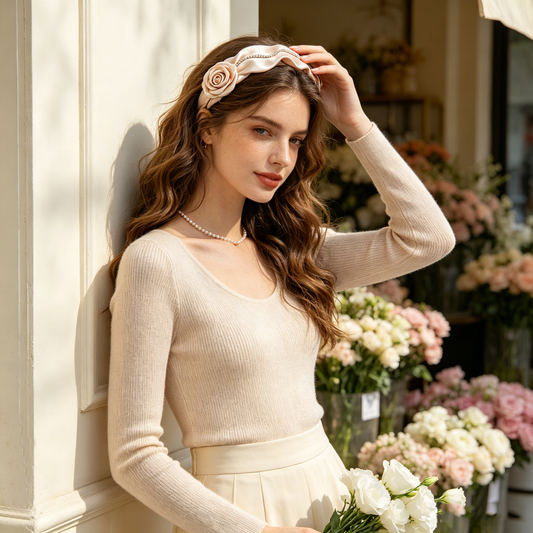 Blush Wavy Satin Rose Rhinestone Headband