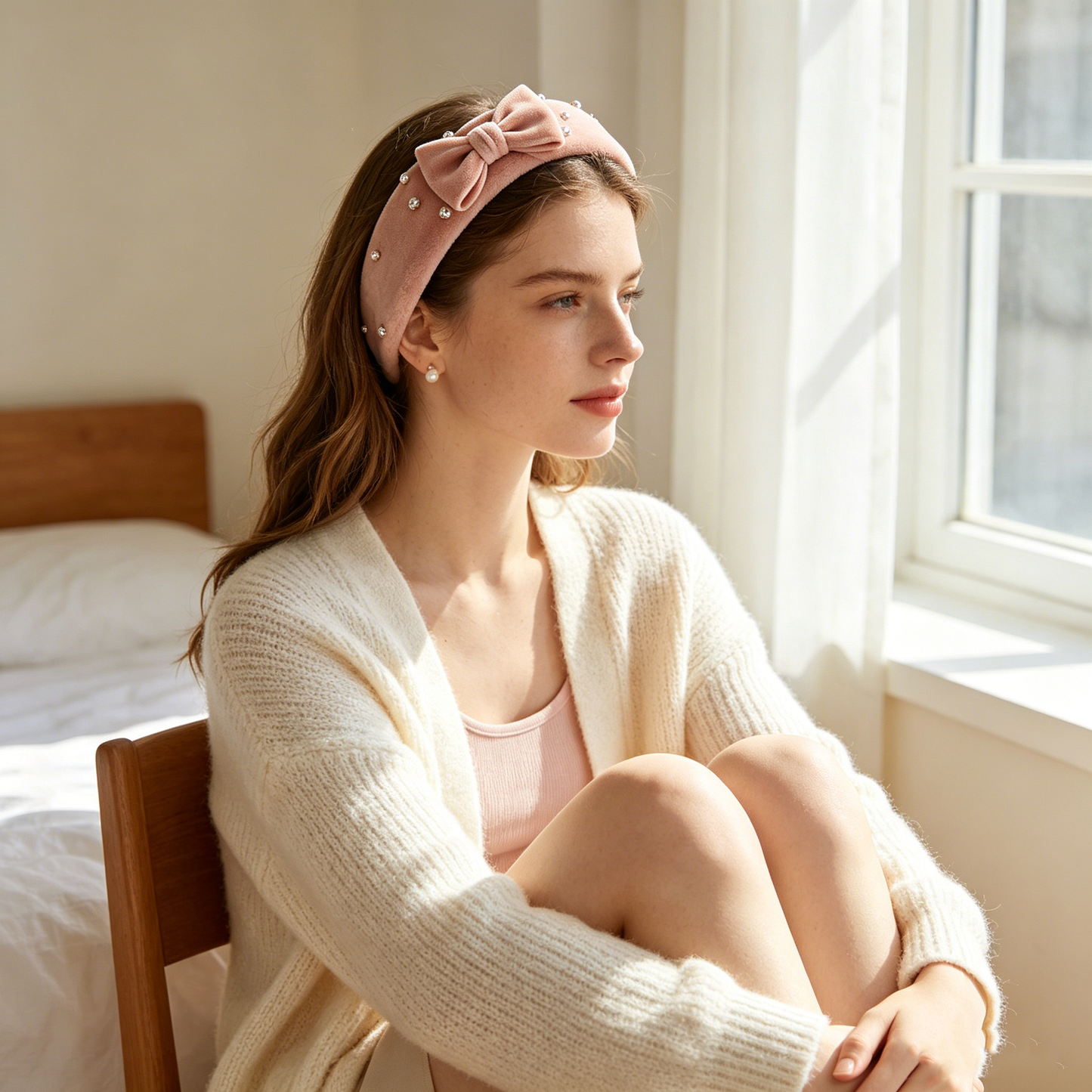 Pink Velvet Bow Rhinestone Headband