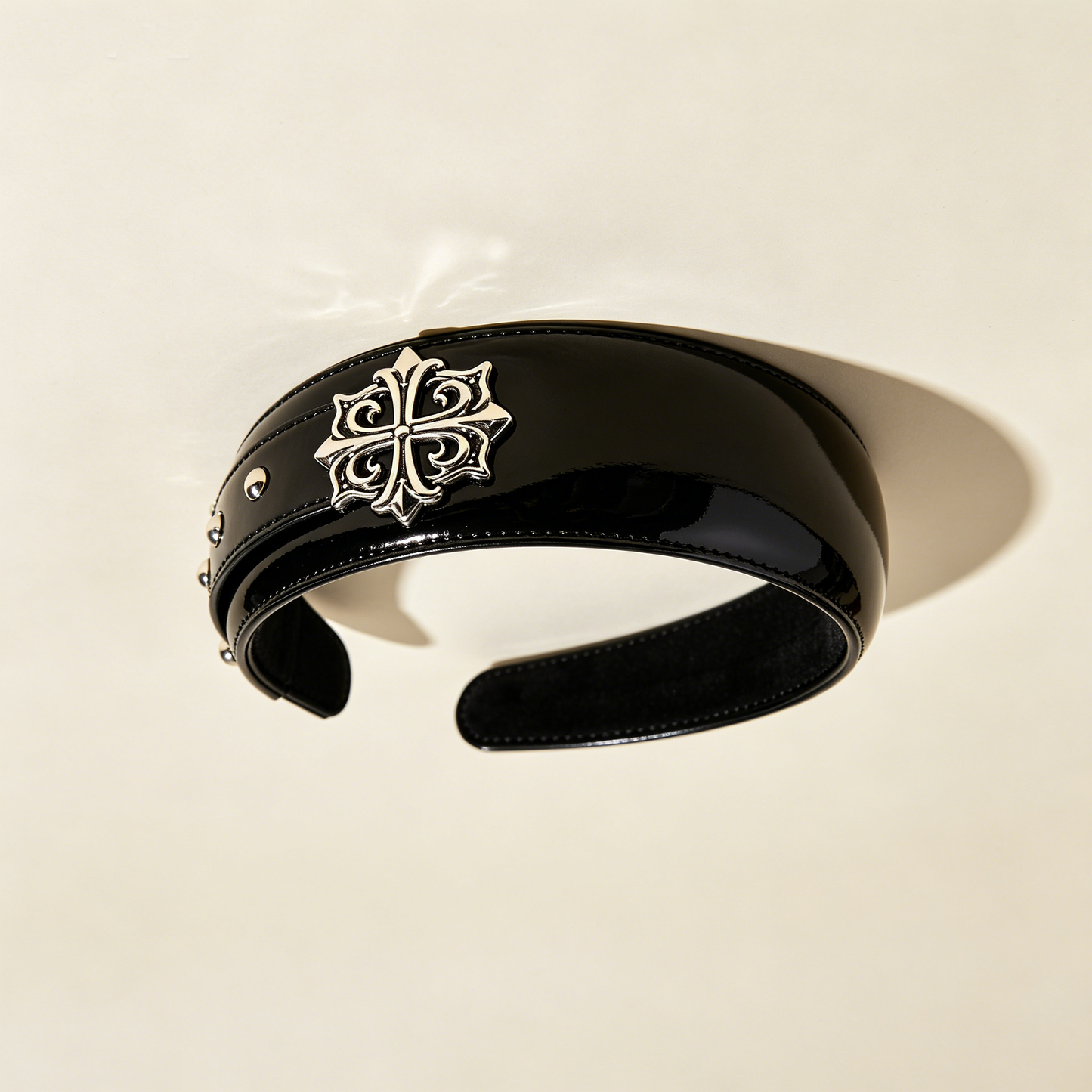 Glossy Black Cross Rivet Leather Headband