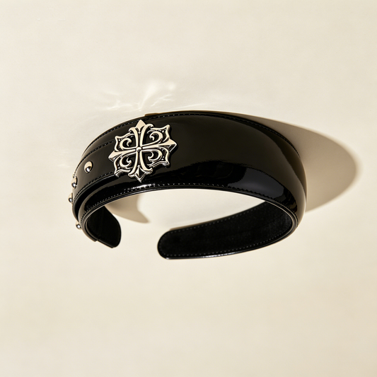 Glossy Black Cross Rivet Leather Headband