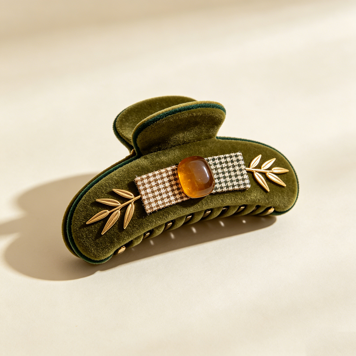 Dark Green Velvet Plaid Amber Bamboo Leaf Shark Clip
