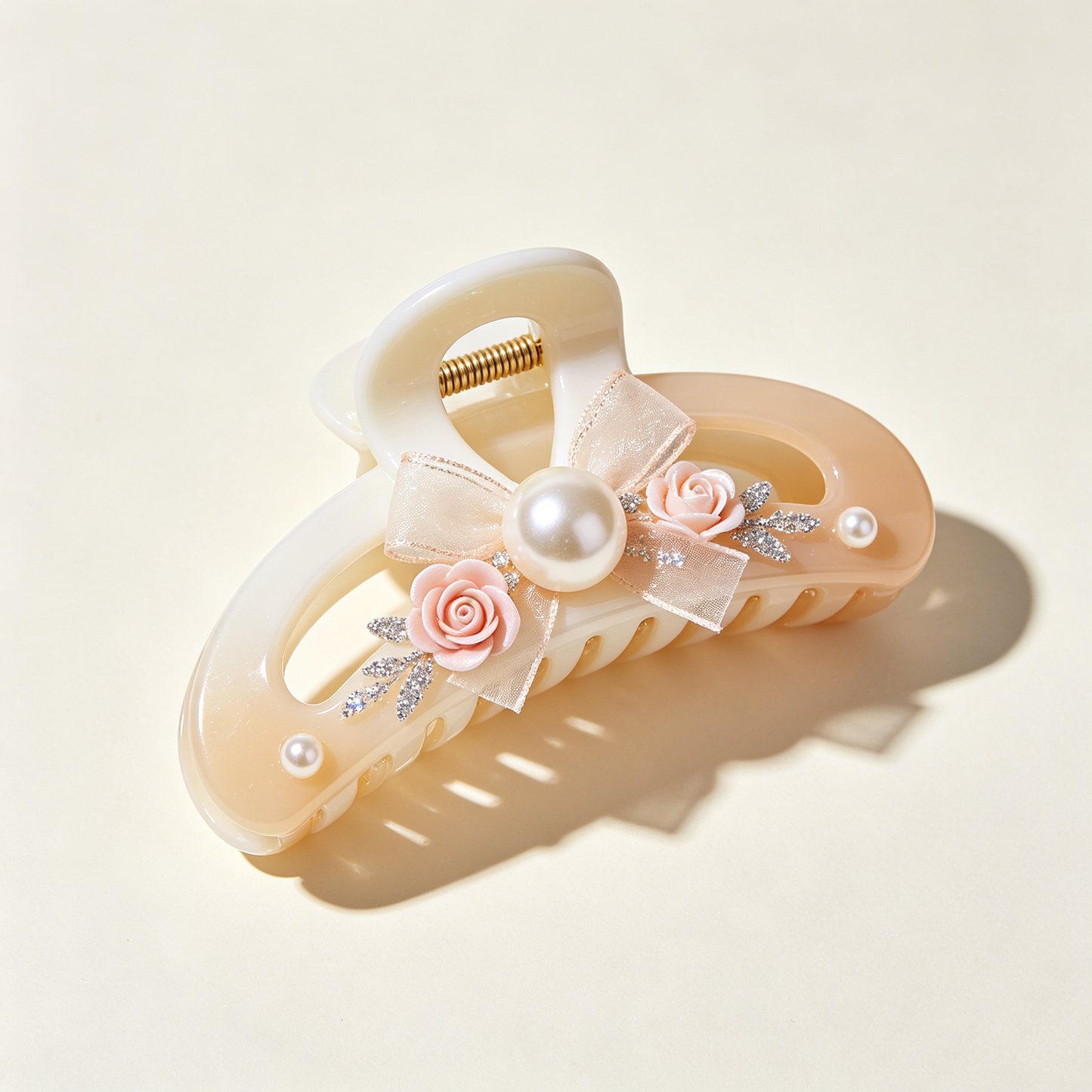 Cream Gradient Rose Ribbon Pearl Shark Clip