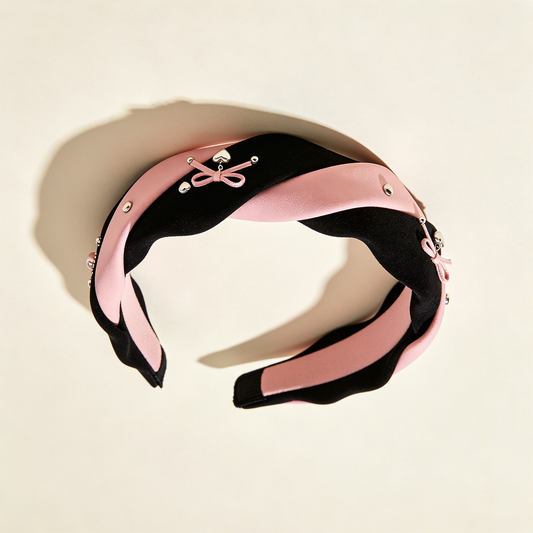 Black Pink Twist Bow Heart Stud Headband