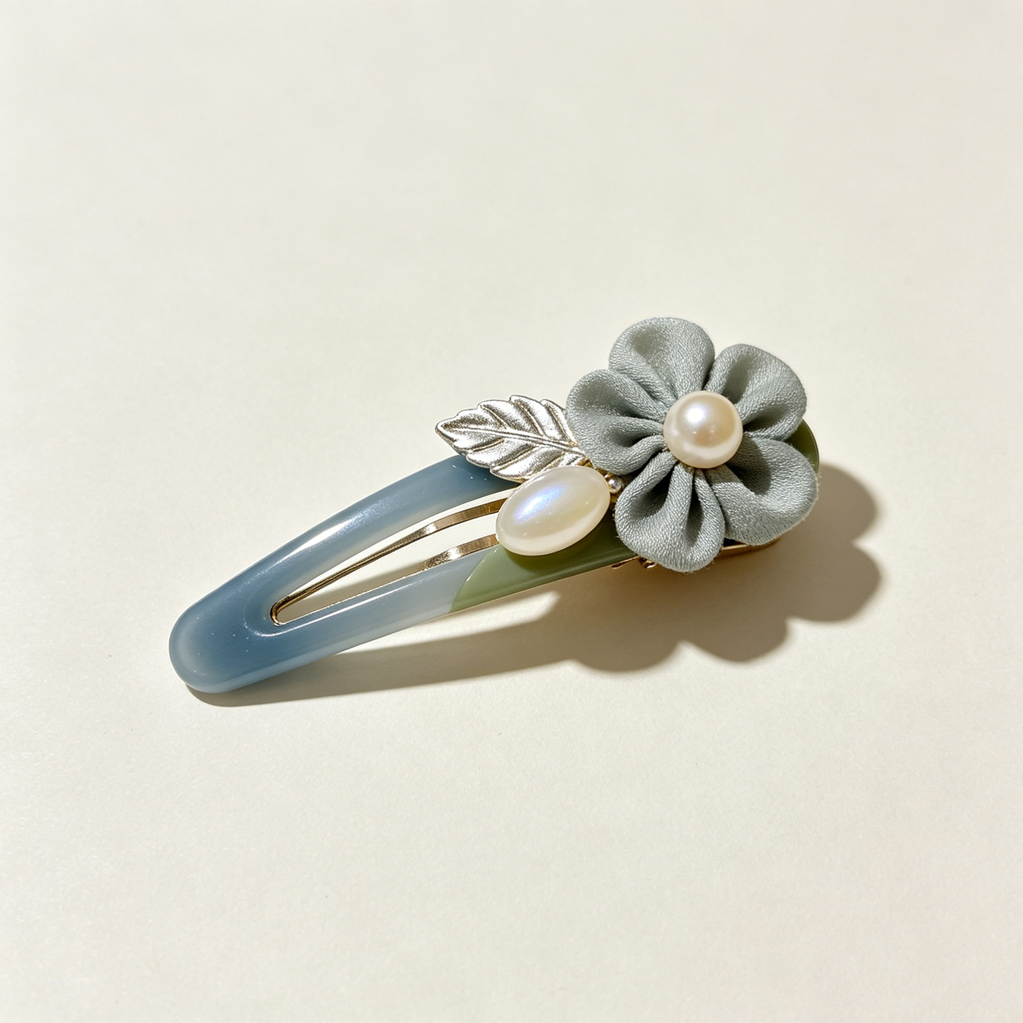 Blue Green Gradient Fabric Flower Pearl Leaf BB Clip
