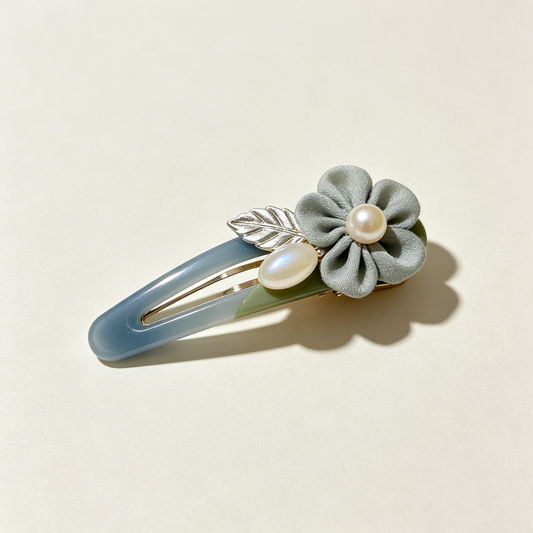 Blue Green Gradient Fabric Flower Pearl Leaf BB Clip