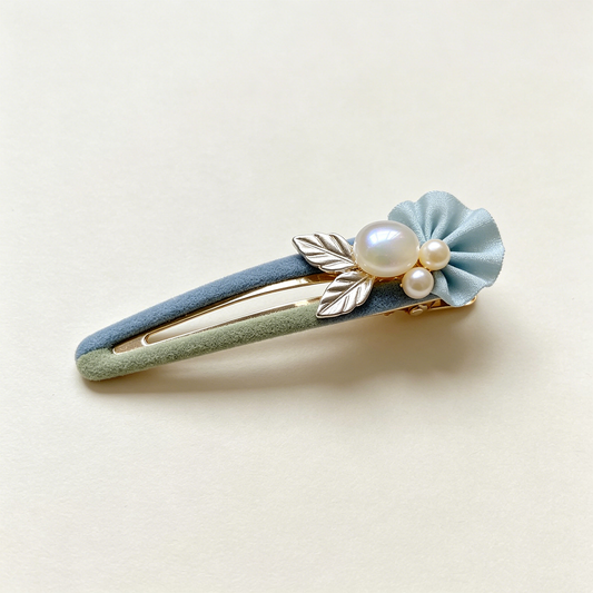Blue Green Suede Ruffle Flower Pearl Leaf Hair Clip