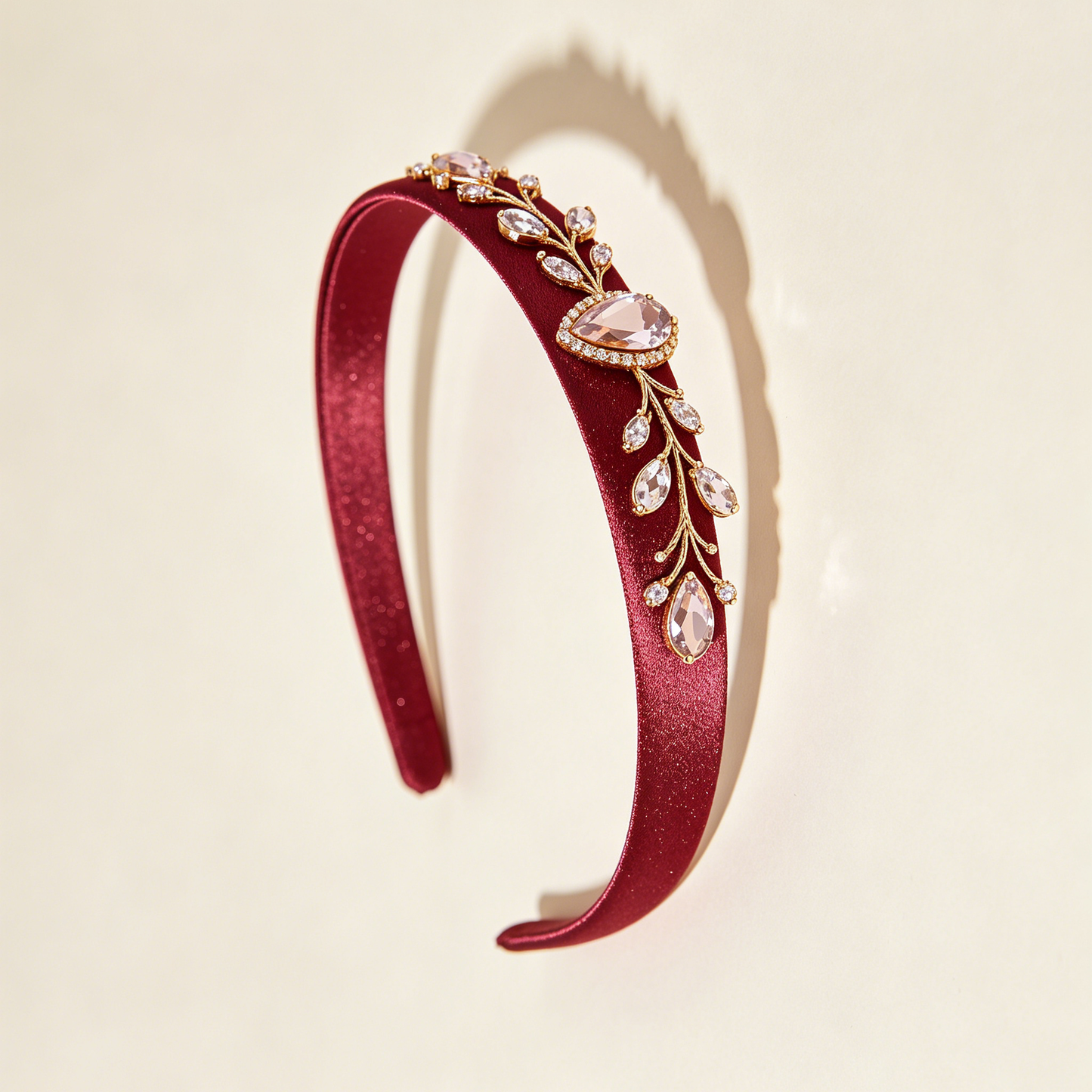 Burgundy Shiny Satin Pink Crystal Vine Headband