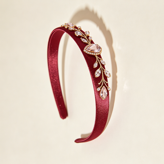 Burgundy Shiny Satin Pink Crystal Vine Headband