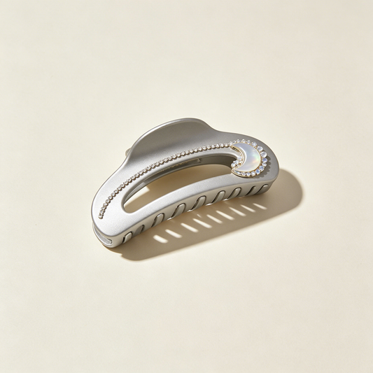 Matte Silver Moonstone Crescent Rhinestone Shark Clip