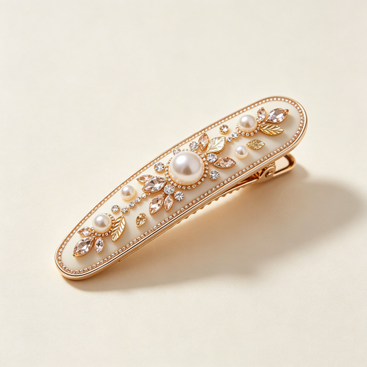 Ivory Pearl Gold Leaf Rhinestone Luxury Barrette
