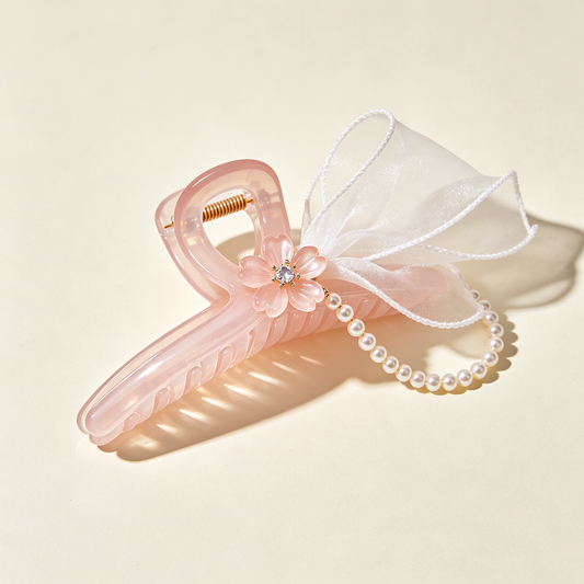 Transparent Pink Cherry Blossom Tulle Pearl Chain Shark Clip