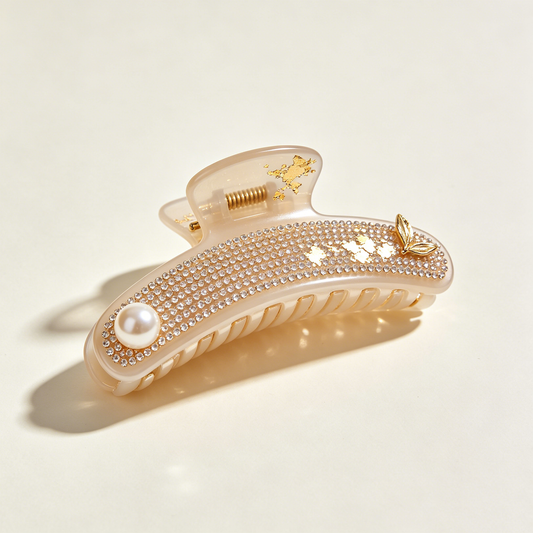 Cream Gold Foil Full Rhinestone Pearl Leaf Shark Clip