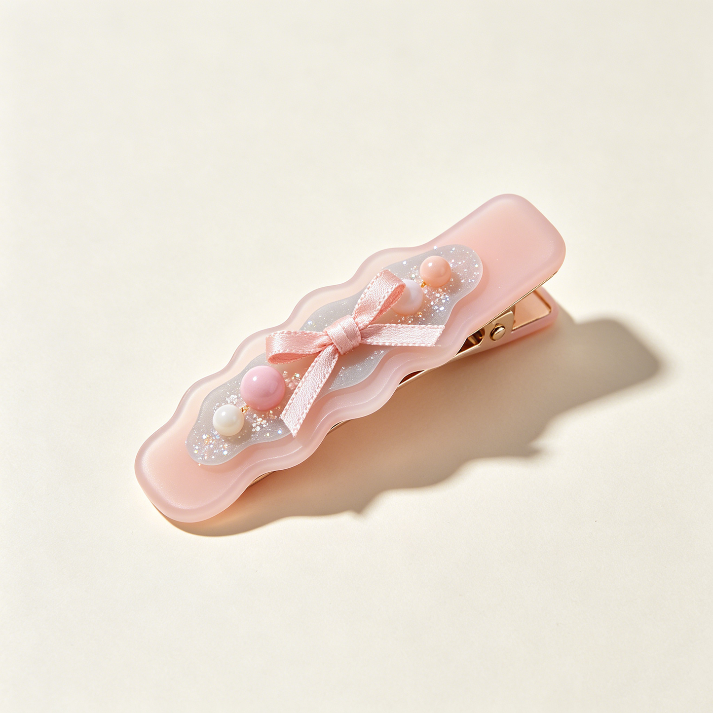 Pink Wavy Ribbon Pastel Pearl Glitter Barrette