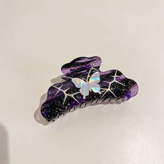 Purple Black Starry Iridescent Butterfly Wavy Shark Clip