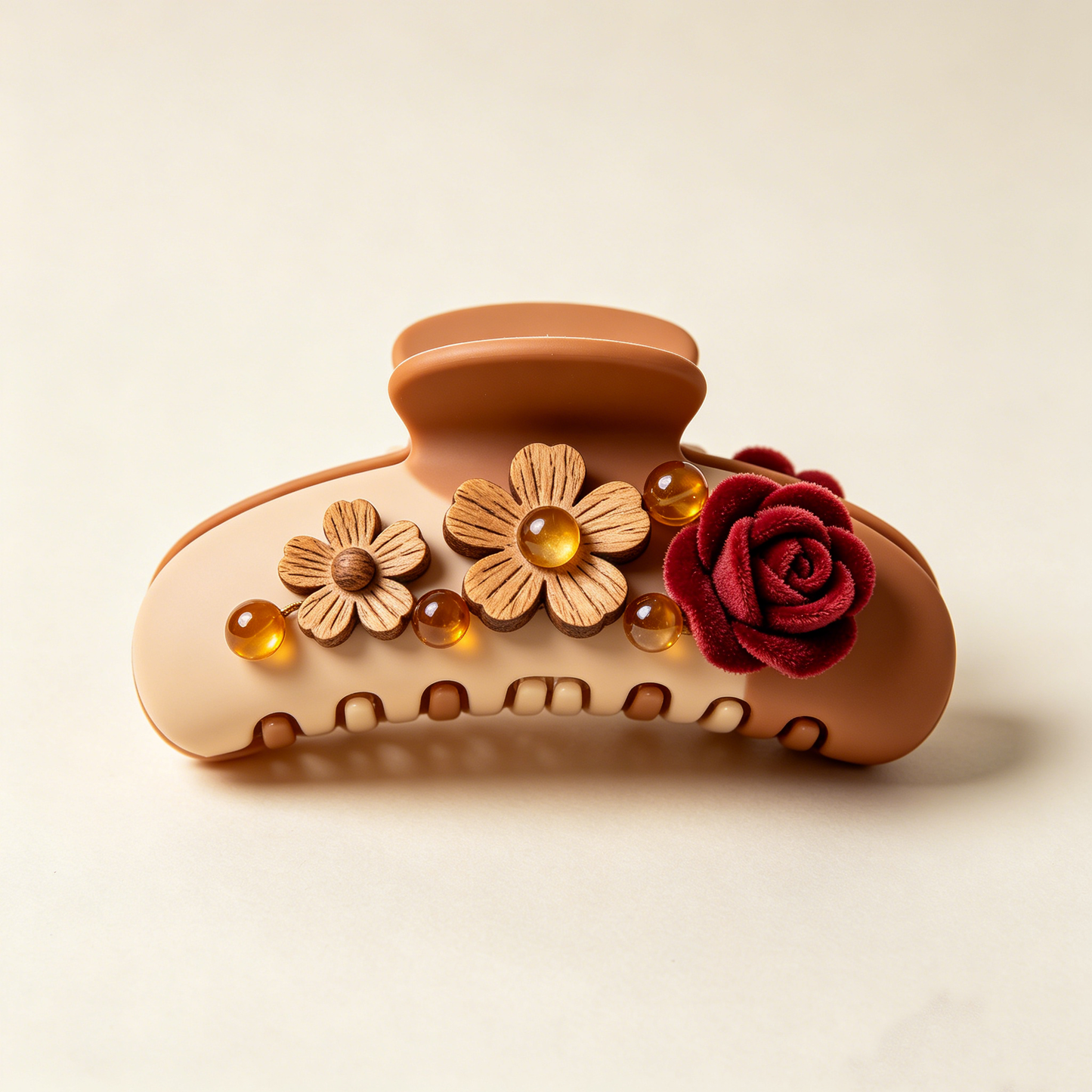 Two-Tone Wood Flower Velvet Rose Amber Shark Clip