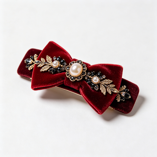 Burgundy Velvet Pearl Vintage Bow Barrette