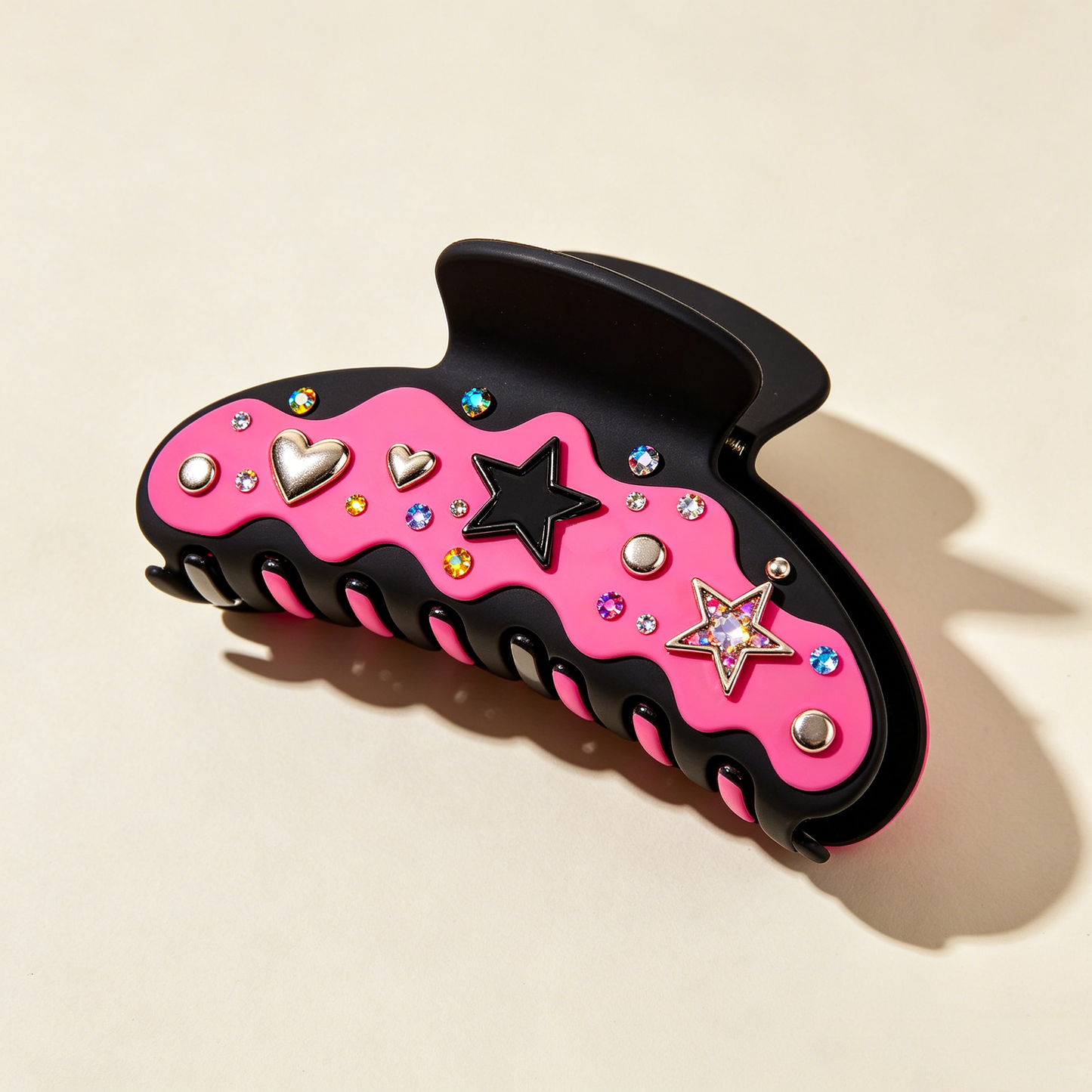 Black Pink Wavy Heart Star Rhinestone Shark Clip