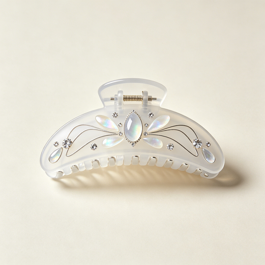 Frost White Mother-of-Pearl Rhinestone Dragonfly Shark Clip