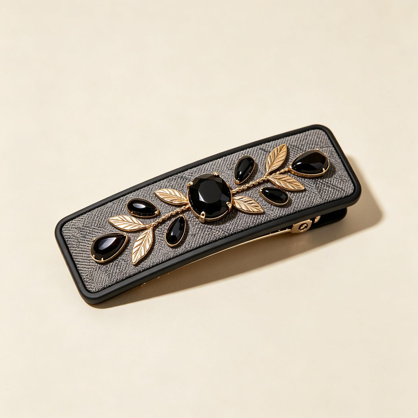 Gray Fabric Gold Leaf Black Gem Vintage Barrette