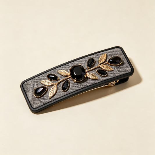 Gray Fabric Gold Leaf Black Gem Vintage Barrette