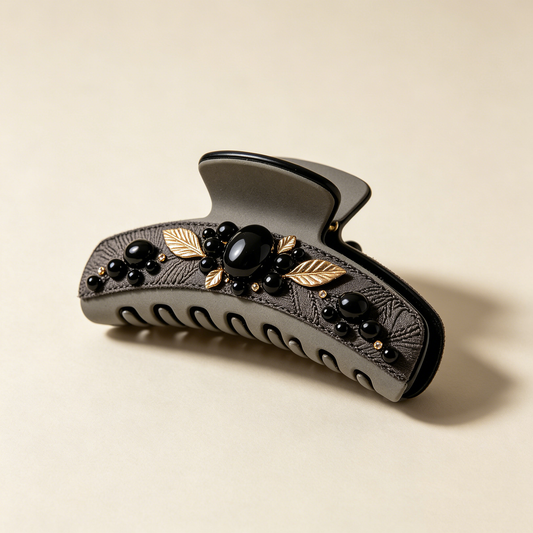 Gray Suede Gold Leaf Black Onyx Vintage Shark Clip
