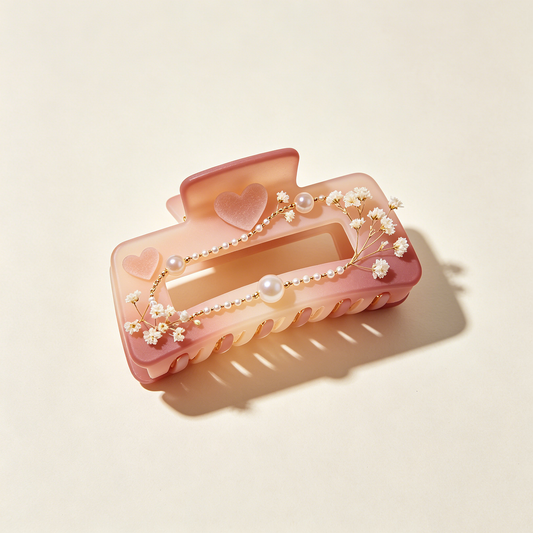 Pink Gradient Hollow Heart Baby's Breath Pearl Shark Clip