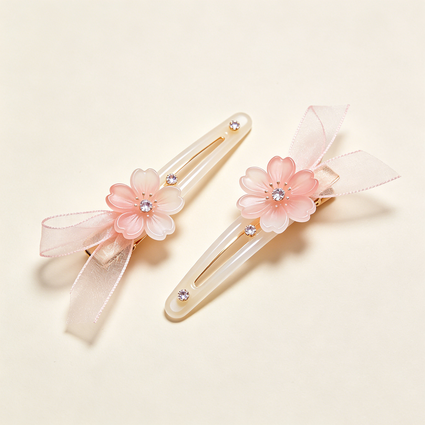 Pink Cherry Blossom Organza Rhinestone Hair Clips